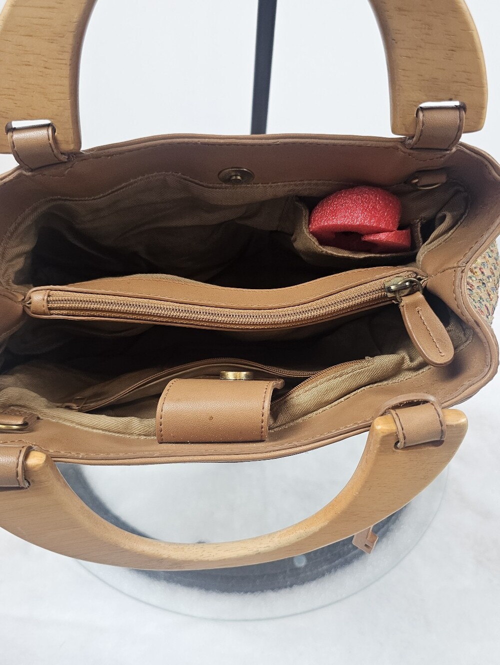 Fossil Raffia Straw Woven Boho Bag Purse Wooden‎ Handles Leather Trim - Picture 3 of 6